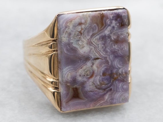 Yellow Gold Rectangle Cut Lace Agate Solitaire Co… - image 1