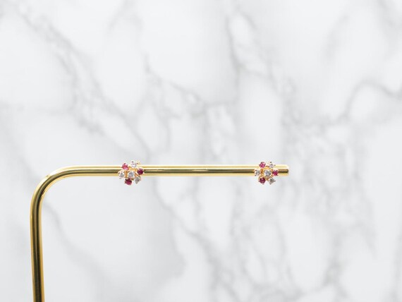 18K Yellow Gold Diamond Ruby Cluster Stud Earrings - image 4