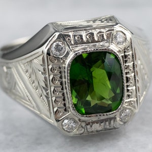 Green Tourmaline White Gold Ring, Statement Ring, Men&#39;s Ring, Tourmaline Diamond Ring, Art Deco Ring, Vintage Ring, MM51XXFL