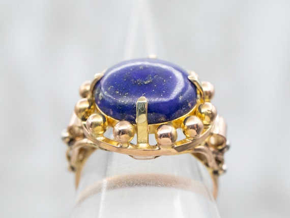 Yellow Gold Round Cut Lapis Solitaire Ring with B… - image 3