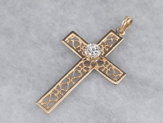Diamond Filigree Cross, Yellow Gold Diamond Cross… - image 1