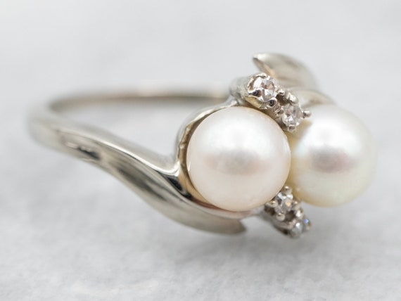 Vintage Double Pearl Bypass Ring, Pearl and Diamo… - image 2