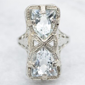 Art Deco Aquamarine White Gold Filigree Ring, Antique Aquamarine Dinner Ring, Aquamarine Statement Ring, March Birthstone A62593