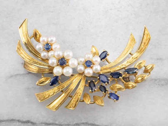 Vintage Gold Marquise Sapphire and Pearl Brooch, … - image 1