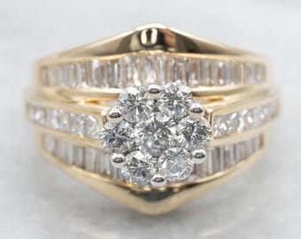 14K Gold Diamond Cluster Ring, Mixed Cut Cocktail Ring