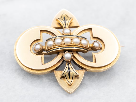 Victorian Gothic Enamel and Seed Pearl Brooch, An… - image 2