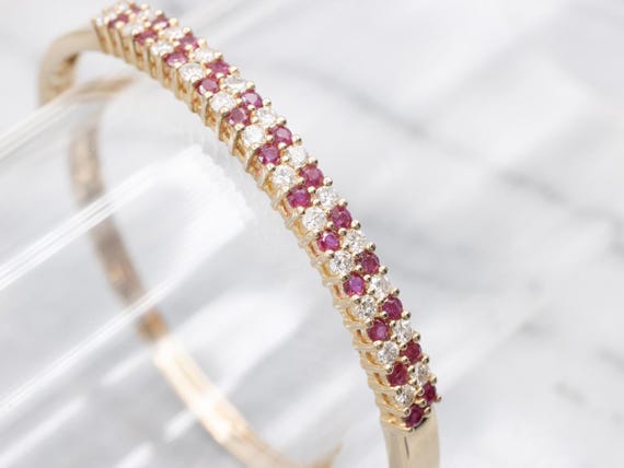 14K Yellow Gold Ruby and Diamond Bangle Bracelet - image 1