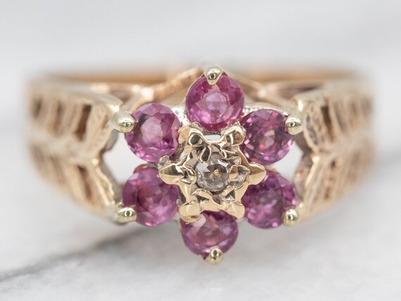 9ct Yellow Gold Ruby Flower Ring, Diamond Halo, S… - image 2