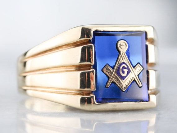 Men's Vintage Masonic Statement Ring, 1970s Blue … - image 2