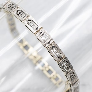 Art Deco Old Mine Cut Diamond Bracelet, Filigree Link Bracelet, Antique Platinum Link Bracelet, Layering Bracelet, Anniversary Gift A64197