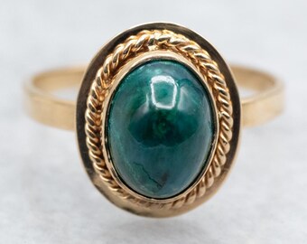 14K Yellow Gold Chrysocolla Ring, Vintage Rope Twist Setting