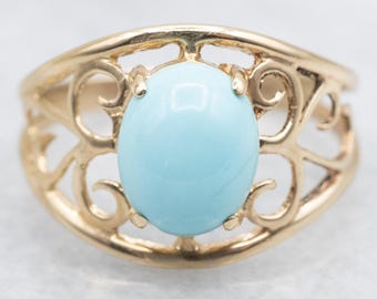 14K Yellow Gold Turquoise Ring, Oval Cabochon Solitaire