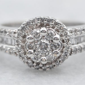Diamond Halo Cluster Ring, 14K White Gold Anniversary Ring