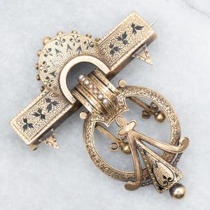 Broche gótico vitoriano de esmalte e pérola, broche antigo de ouro rosa, joias vitorianas, joias antigas, pedra de nascimento de junho A60787