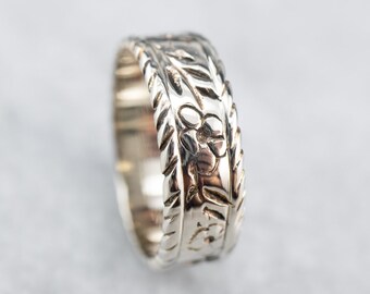 Vintage 14K White Gold Floral Band, Stacking Ring