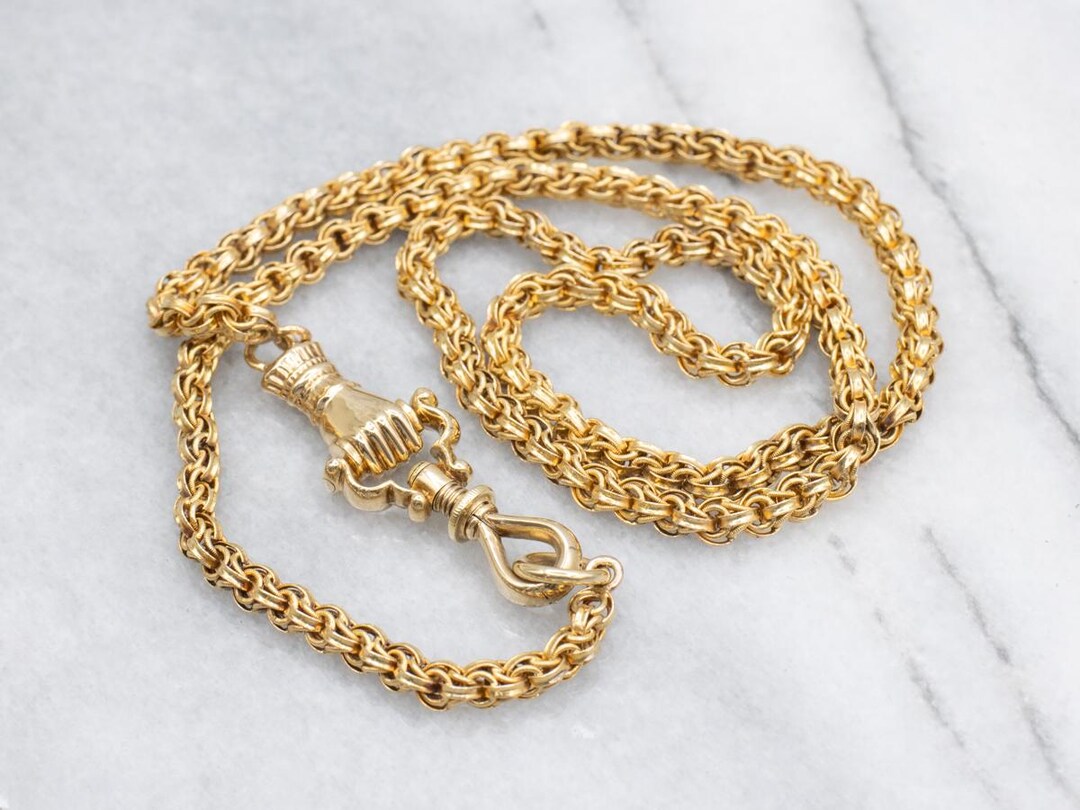 Victorian 14K Yellow Gold Pocket Watch Chain, Clasped Hand Fob, 19