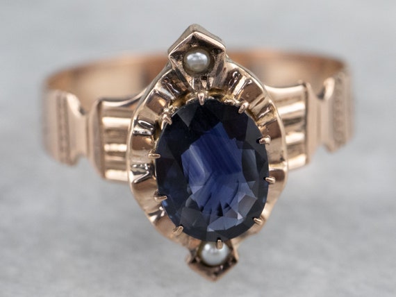 Victorian Sapphire and Seed Pearl Ring, Antique S… - image 3