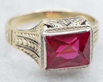 Men's Art Deco 14K White Gold Synthetic Ruby Ring