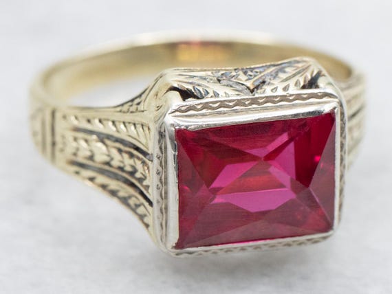 Men's Art Deco Synthetic Ruby Ring, Antique White Gold Ring, Right