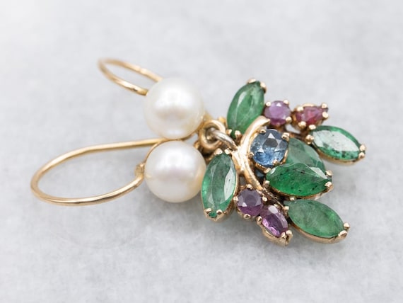 14K Yellow Gold Gemstone Drop Earrings, Ruby, Sap… - image 1