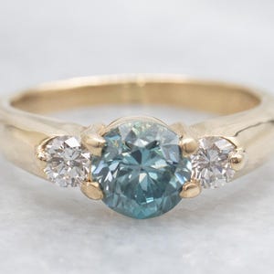 Blue Zircon and Diamond Ring, Three Stone Ring, Yellow Gold Blue Zircon Ring, Anniversary Gift, Birthstone Ring, Zircon Jewelry A66112