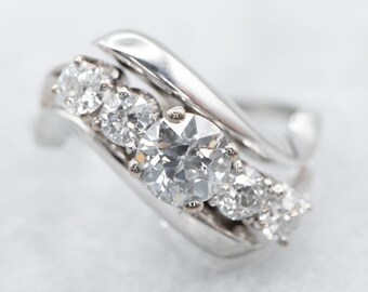18K White Gold Diamond Engagement Ring, Scrolling Anniversary Ring