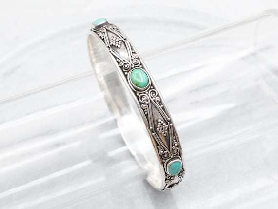 Ornate Turquoise Sterling Silver Bangle Bracelet, Boho Style