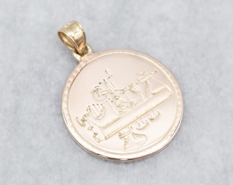 Yellow Gold "EFH" Telegram Machine Charm, Unisex Pendant, Round Pendant, Birthday Gift, A23633