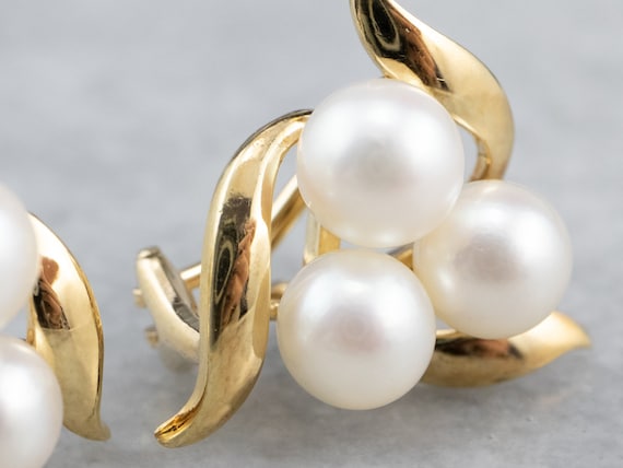 Cultured Pearl Cluster Earrings, Yellow Gold Pear… - image 7