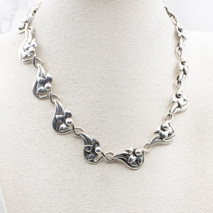 Vintage Taxco Mexico Sterling Silver Necklace, Floral Link Necklace, Sterling Silver Necklace A60447