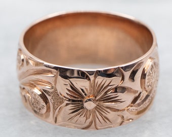 14K Rose Gold Floral Band, Antique Pattern Ring (Size 8.75)