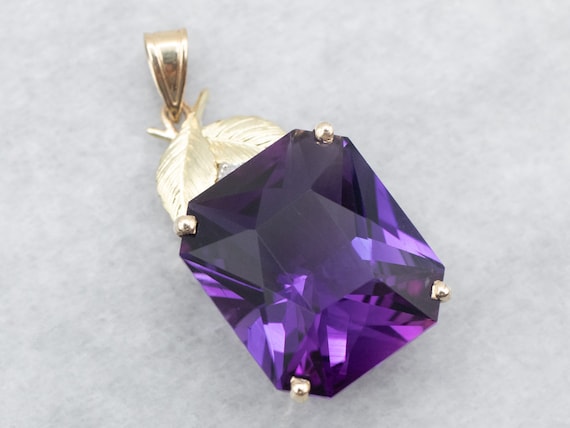 14K Gold Amethyst Feather Pendant, Diamond Accent