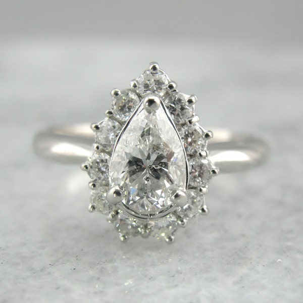 RESERVED - Down Payment - Stunning Vintage Pear Cut Diamond Cocktail Ring with Glittering Halo, Fine Platinum 1FKD0K-N
