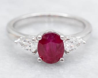 14K White Gold Ruby Diamond Engagement Ring, Anniversary Ring