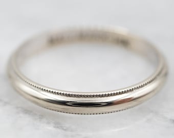 14K White Gold Wedding Band with Milgrain Edge, Vintage Style
