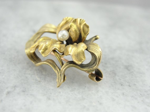 Art Nouveau Frilled Iris Pin with Pearl Center, L… - image 3