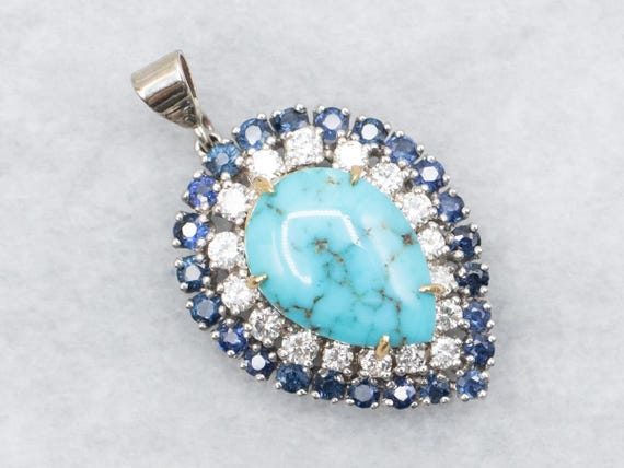 Turquoise Pendant With Sapphire and Diamond Double Halo, Turquoise