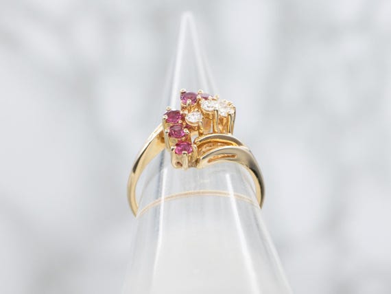 14K Yellow Gold Ruby and Diamond Cluster Ring, By… - image 3