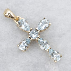 Yellow Gold Aquamarine Cross, Gemstone Cross, Bridal Jewelry, Something Blue, Yellow Gold Cross, Religious Jewelry A68102