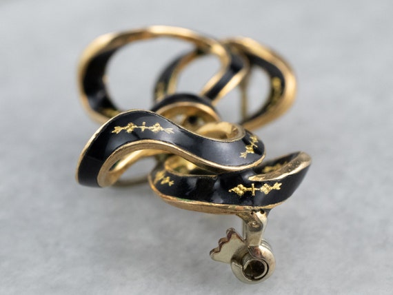 Vintage Black Enamel Bow Brooch, Bow Watch Pin, R… - image 5