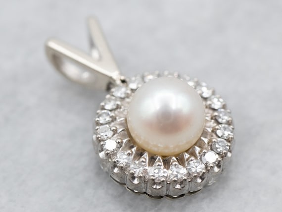 14K White Gold Pearl and Diamond Halo Pendant