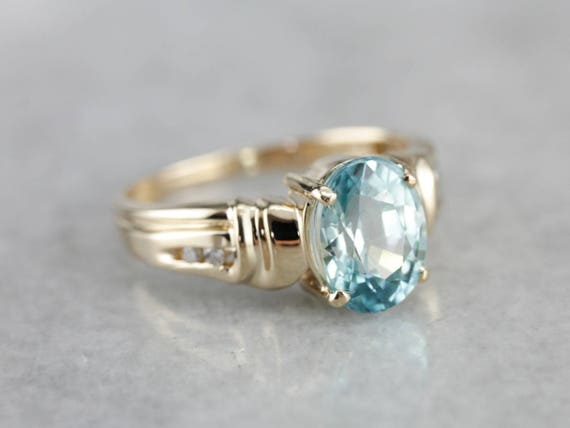 14K Yellow Gold Blue Zircon and Diamond Ring, Dec… - image 1