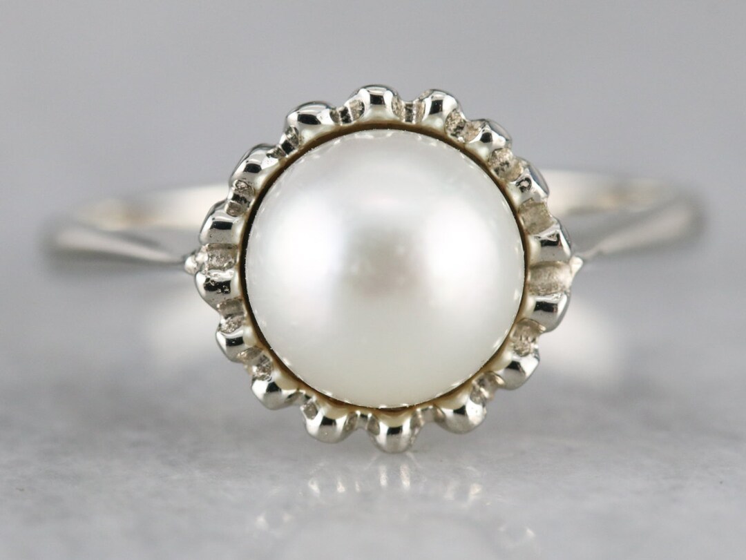 White Pearl Solitaire Ring White Gold Pearl Ring June - Etsy