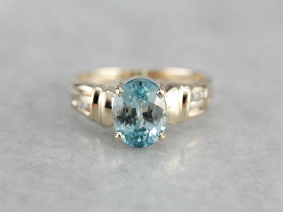 14K Yellow Gold Blue Zircon and Diamond Ring, Dec… - image 2