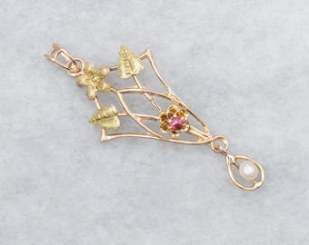 Antique 10K Gold Ruby Doublet Lavalier Pendant, Pearl Accent