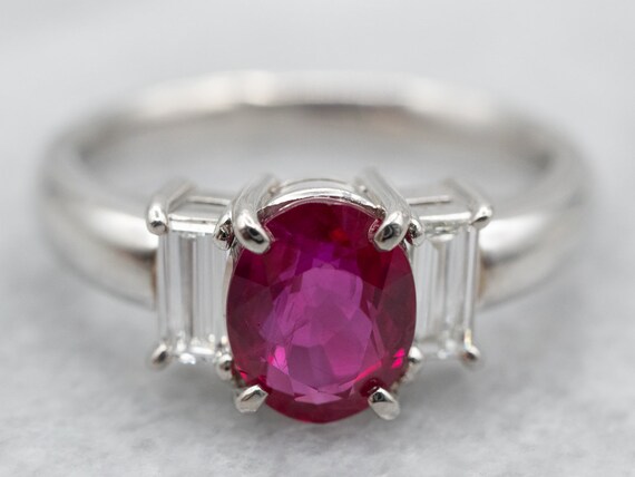 Platinum Ruby Ring with Emerald Cut Diamonds - image 1