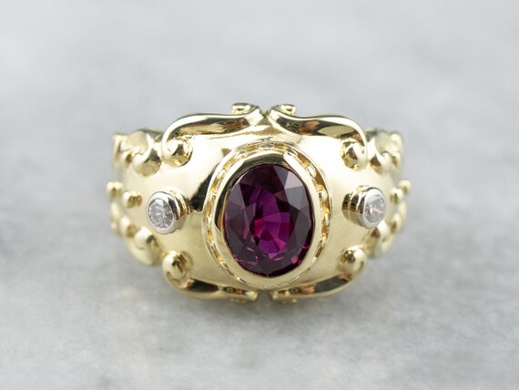 14K Yellow Gold Three Stone Ruby Diamond Ring, Si… - image 1