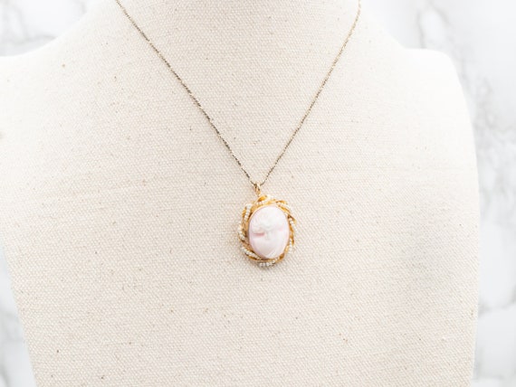 Vintage Pink Cameo Seed Pearl Pendant, Yellow Gol… - image 5