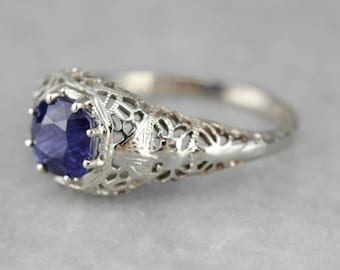 Art Deco Sapphire Solitaire,  White Gold Filigree Ring, Antique Engagement Ring, Art Deco Jewelry TY1J58-N