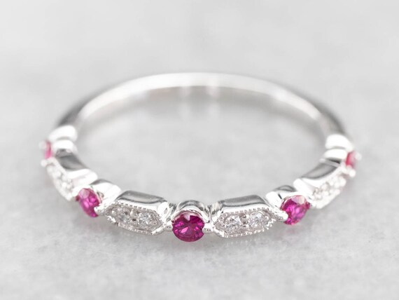 14K White Gold Ruby and Diamond Stacking Band - image 2